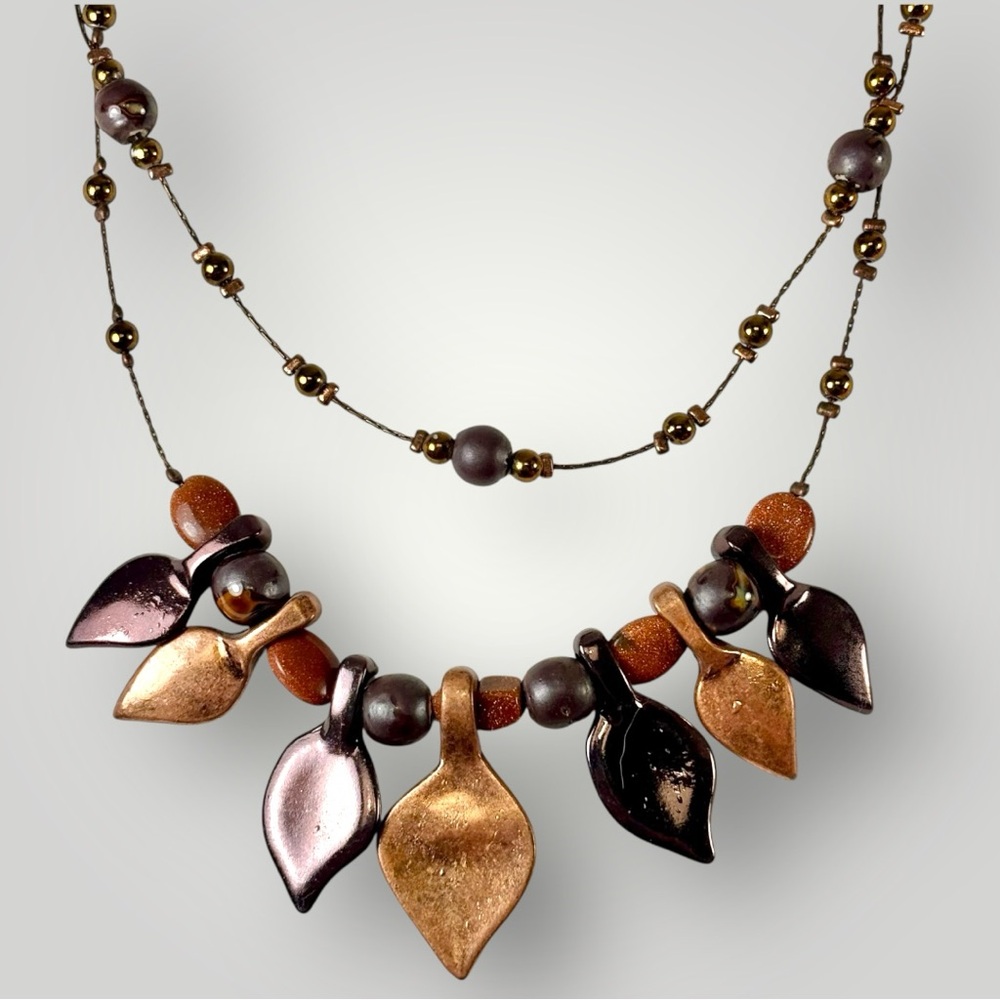 Vintage Bronze Leaf Double Layer Necklace Adjustable 18” Chain